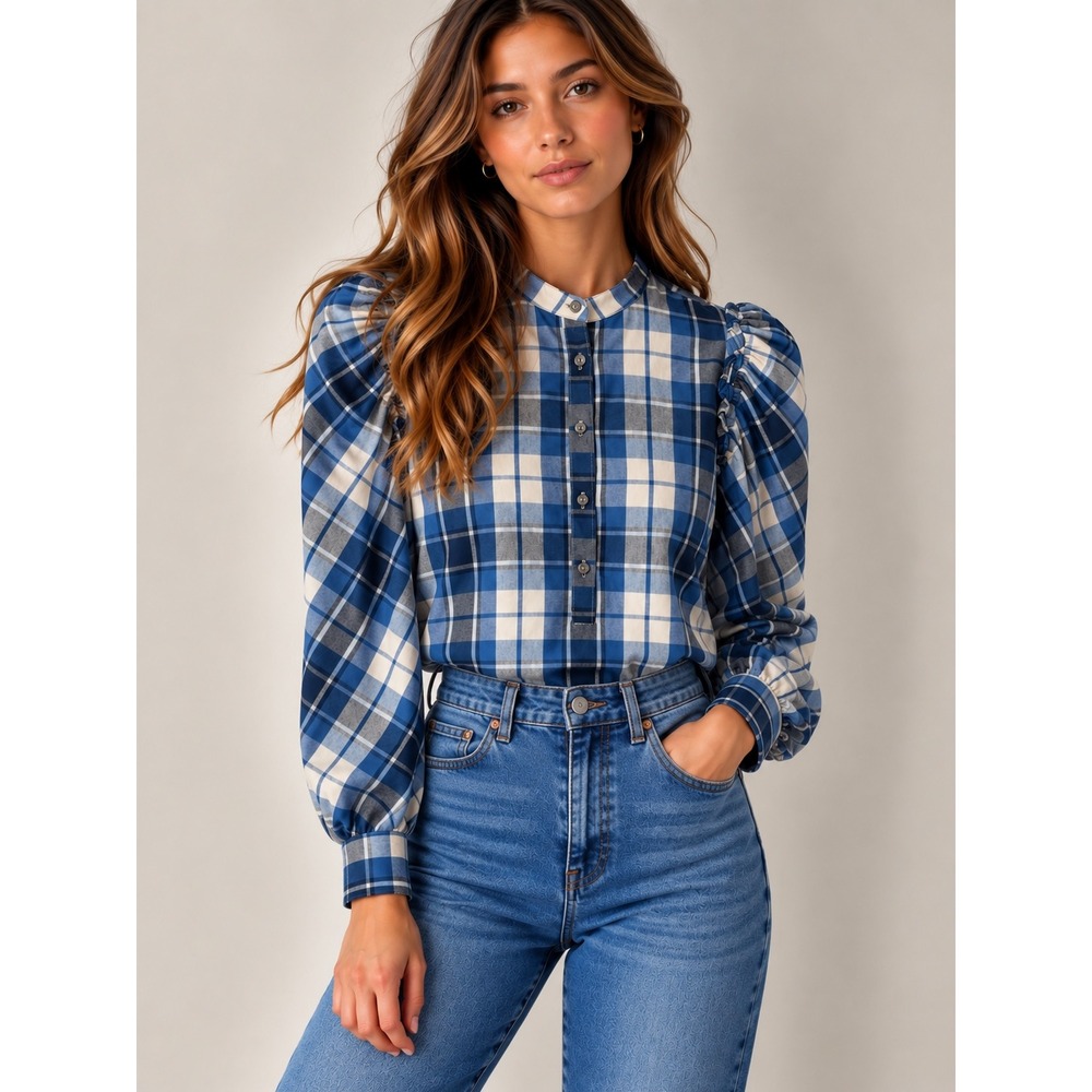 J.Crew Puff Sleeve Pop Over Plaid Blouse in Valley‎ Plaid Flannel, XXS